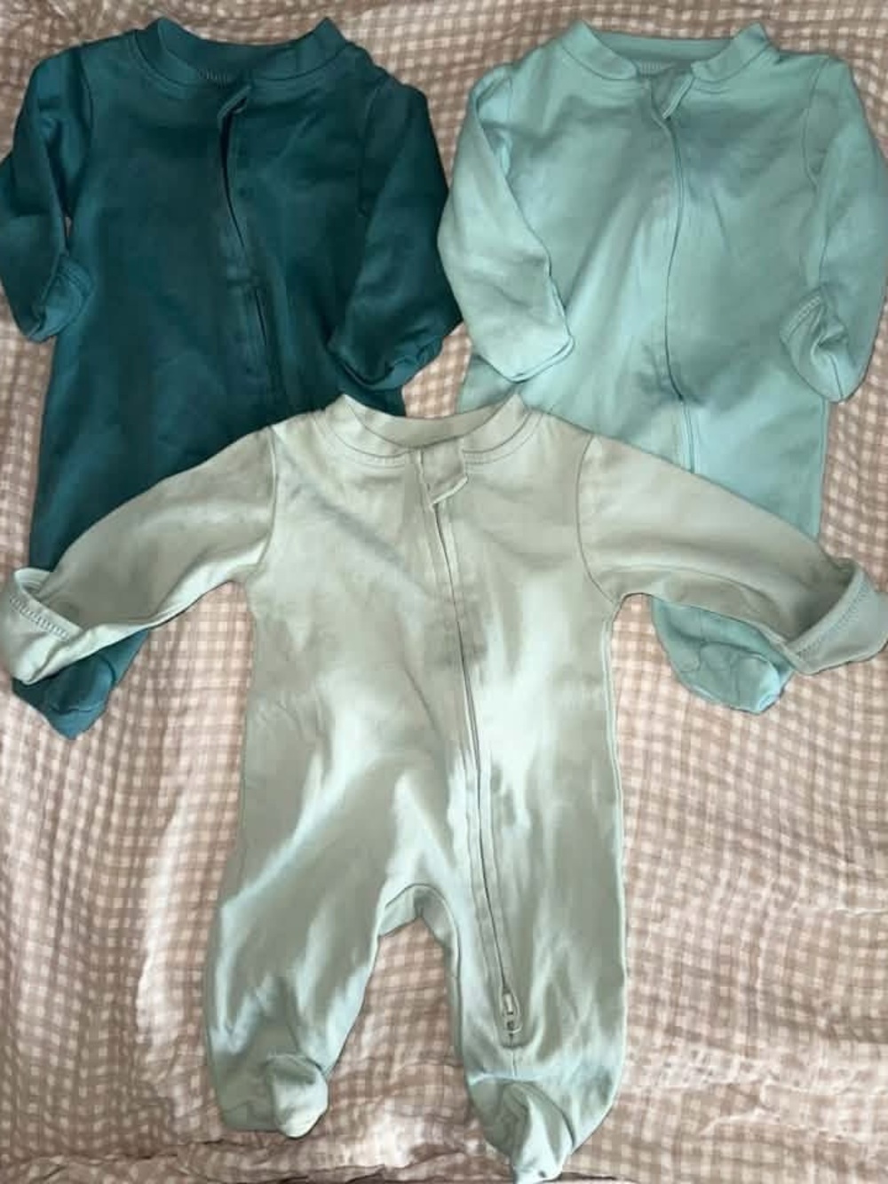 Baby Zip-Front Footed One-Piece - 3-Pack in Teal, Light Aqua, Pale Mint